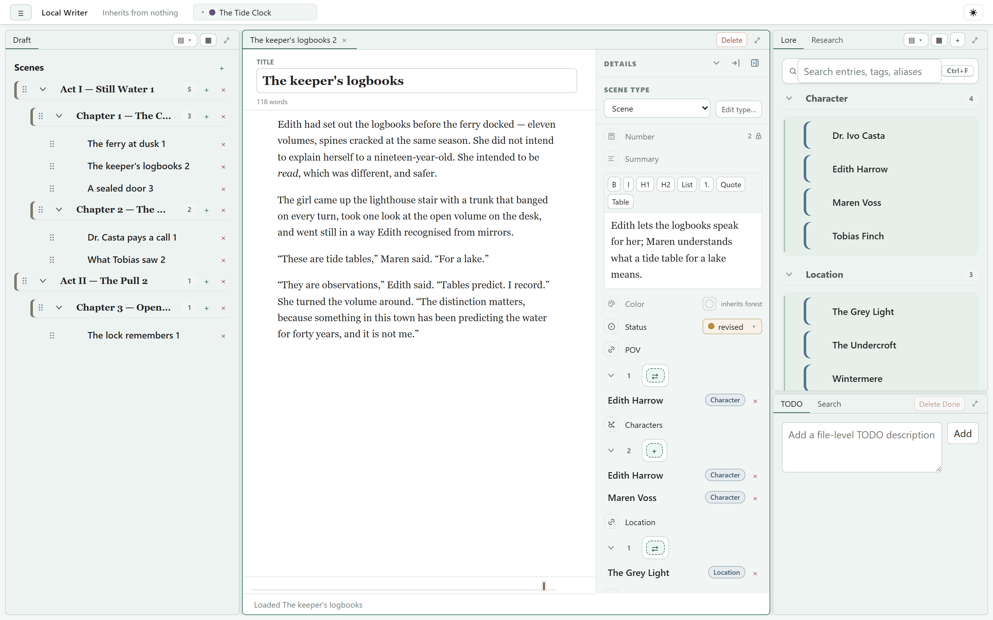 The manuscript tree, a scene open in the editor, and the metadata rail